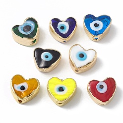 Mixed Color Brass Beads, with Enamel, Real 18K Gold Plated, Heart with Evil Eye, Mixed Color, 14.5x16x7mm, Hole: 1.6mm