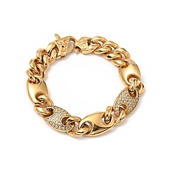 Golden Crystal Rhinestone Coffee Bean Link Chain Bracelet, Ion Plating(IP) 304 Stainless Steel Jewelry for Men Women, Golden, 8-5/8 inch(21.9cm)