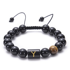 Letter Y 10MM Natural Black Onyx(Dyed & Heated) and Tiger Eye Alphabet Round Braided Bead Adjustable Bracelets for Women, Letter Y, 7.00 inch(17.78cm)~11.50 inch(29.21cm)