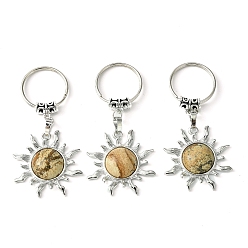 Пейзажный Джаспер Брелок-подвеска от солнца из натуральной яшмы и латуни, с латунной фурнитурой платинового цвета, для украшения сумки, ювелирных изделий, подарка, 7.5 см