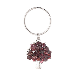 Garnet Chip Natural Garnet Keychain, with Antique Silver Plated Alloy Pendants and 316 Surgical Stainless Steel Split Key Rings, Tree, 55mm