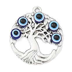Flat Round Alloy Pendants, Tree of Life with Resin Evil Eye Charms, Antique Silver, Flat Round, 34x30x4.5mm, Hole: 2.5mm