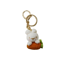 White Cute Woven Rabbit and Carrot Pendant Keychain, with Alloy Finding, White, 4cm
