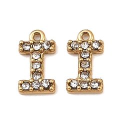 Letter I Ионное покрытие (ip) 304 подвески со стразами из нержавеющей стали, золотые, Буква "i", 9.5x5.5x2, отверстие : 1 мм