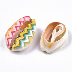 Разноцветный Набивные бусины из натуральных ракушек каури, нет отверстий / незавершенного, с рисунком радуги волны, красочный, 18~22x13~14x6~8 мм