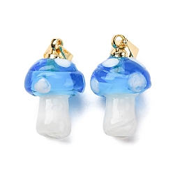 Озёрно--синий Подвески лэмпворк ручной работы, гриб, с реечной накладкой из латуни с золотистым напылением, долговечный, золотые, Плут синий, 16~17x9.5~10.5 мм, отверстие : 4.5x3.5 мм