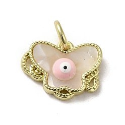 Pink Evil Eye Enamel Shell Brass Butterfly Charms with Jump Rings, Real 18K Gold Plated, Pink, 11.5x15x3mm, Hole: 3.8mm