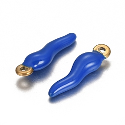 Blue Ion Plating(IP) 304 Stainless Steel Pendants, Enamelled Sequins, Horn of Plenty/Italian Horn Cornicello, Golden, Blue, 18x5x3.5mm, Hole: 1mm