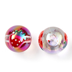 Dark Red UV Plating Transparent Acrylic Beads, with Enamel, Round with Fruit Pattern, Dark Red, 17x16x15mm, Hole: 3mm