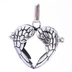 Antique Silver Rack Plating Brass Cage Pendants, For Chime Ball Pendant Necklaces Making, Heart with Wing, Antique Silver, 27x30x17.5mm, Hole: 3x7mm, inner measure: 18x23mm