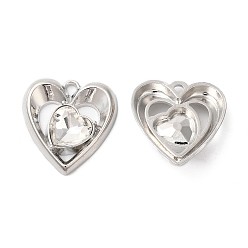 Platinum Alloy Pendants, Glass with Heart Charms, Platinum, 20x18.5x5mm, Hole: 1.6mm
