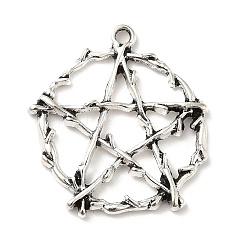 Antique Silver Alloy Pendant, Round with Star Pattern, Antique Silver, 28x26x3mm, Hole: 2mm