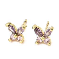 Thistle Butterfly Real 18K Gold Plated Brass Stud Earrings, with Clear Cubic Zirconia, Long-Lasting Plated, Lead Free & Cadmium Free, Thistle, 7.5x8.5mm