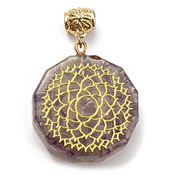 Amethyst Natural Amethyst European Dangle Polygon Charms, Large Hole Pendant with Golden Plated Alloy Flower Slice, 53mm, Hole: 5mm, Pendant: 39x35x11mm