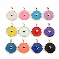 Mixed Color Brass Enamel Pendants, Cadmium Free & Nickel Free & Lead Free, Real 16K Gold Plated, Flat Round with Heart, Mixed Color, 20.5x15.5x4.5mm, Hole: 2.5x3.5mm