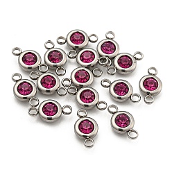Fuchsia 304 Stainless Steel Rhinestone Links Connectors, Flat Round, Stainless Steel Color, Fuchsia, 12x6.5x4mm, Hole: 2mm