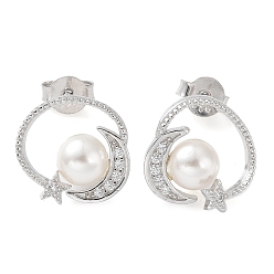 Seashell Color Shell Pearl Dangle Stud Earrings, Moon & Star Real Platinum Plated Rhodium Plated 925 Sterling Silver Earrings, with 925 Stamp, Seashell Color, 13x13mm