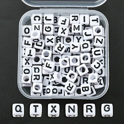 White Acrylic Horizontal Hole Letter Beads, Cube with Random Mixed Letters, White, 6x6x6mm, 100pcs/box