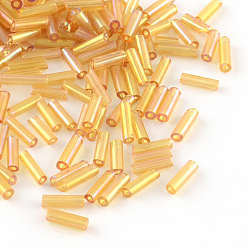 Sandy Brown AB Color Plated Glass Bugle Beads, Transparent Colours Rainbow, Sandy Brown, 6x2mm, Hole: 1mm, about 450g/bag, about 10000pcs/bag