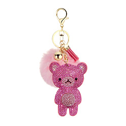3. Pink Cute Bear Fur Ball Keychain with Rhinestone and Fluffy Pom-pom Pendant
