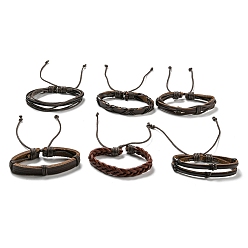 Coconut Brown 6Pcs 6 Style Adjustable Braided Imitation Leather Cord Bracelet Set with Waxed Cord for Men, Coconut Brown, Inner Diameter: 2~3-1/8 inch(5.1~8cm), 1Pc/style