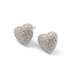 Clear Heart Brass Cubic Zirconia Ear Studs for Women Men, Lead Free & Cadmium Free, Platinum, Long-Lasting Plated, Clear, 11x12x4mm, Pin: 0.8mm
