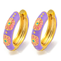 Средний Фиолетовый Латунные серьги обруча, с цветочной эмалью, без кадмия и без свинца, долговечный, реальный 18 k позолоченный, средне фиолетовый, 19x4.5 мм