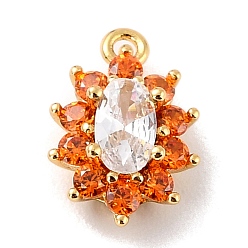 Orange Eco-Friendly Brass Micro Pave Cubic Zirconia Charms, Cadmium Free & Lead Free, Real 18K Gold Plated, Flower, Orange, 11.5x7.5x4mm, Hole: 1mm