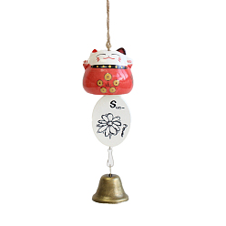 Red Fortune Lucky Cat Porcelain Wind Chines, Outdoor, Home Hanging Decorations with Iron Bell and Sunflower Pattern Charms, Red, 280~310mm