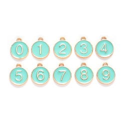 Turquoise Light Gold Plated Alloy Enamel Charms, Enamelled Sequins, Flat Round with Number, Number 0~9, Turquoise, 14.5x12x2.5mm, Hole: 1.4mm, 10pcs/set