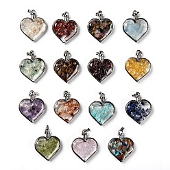 Mixed Stone Glass Bottle Pendants, with Natural & Synthetic Gemstone Chips and Platinum Plated Alloy Findings, Heart, 40x32.5x11mm, Hole: 8x5mm