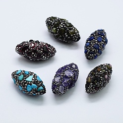 Mixed Stone Polymer Clay Rhinestone Beads, with Natural Gemstone Chip Beads, Oval, 30~32x15~16mm, Hole: 1mm