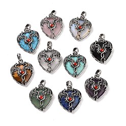 Mixed Stone Natural & Synthetic Mixed Gemstone Pendants, Heart Charms, with Rack Plating Antique Silver Tone Hyacinth Rhinestone Dragon Wing Findings, Mixed Dyed and Undyed, 36.5~37.5x32~32.5x9.5~10.5mm, Hole: 8.5x5.5mm
