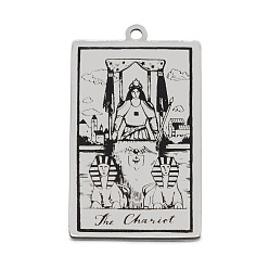 Stainless Steel Color Stainless Steel Pendants, Rectangle with Tarot Pattern, Stainless Steel Color, The Chariot VII, 40x24mm