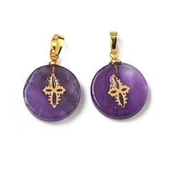 Аметист Подвески из натурального аметиста , плоские круглые подвески золотистого оттенка 304 кусочки цветов из нержавеющей стали и латунные застежки-кнопки, 19~20.2x16~16.3x3.3~4.2 мм, отверстие : 6x3 мм