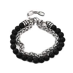 Лавовый камень Круглые бусины из натурального вулканического камня, многониточные браслеты, браслеты из нержавеющей стали с кубинскими звеньями для мужчин и женщин, 8-5/8 дюйм (22 см) ~ 9 дюйм (22.8 см)