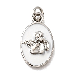 Белый Латунь эмаль подвески, овальные с ангелом, стойки покрытие, долговечный, без кадмия и без свинца, платина, с целью перехода в кольце, белые, 15.5x9.5x2.5 мм, отверстие : 3 мм
