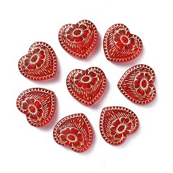 Red Plating Acrylic Beads, Metal Enlaced, Heart with Flower, Red, 17x18x6mm, Hole: 1.6mm, about 388pcs/500g