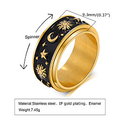 Golden Enamel Moon and Star Rotatable Finger Ring, Stainless Steel Fidget Spinner Ring for Calming Worry Meditation, Golden, Inner Diameter: 17.3mm