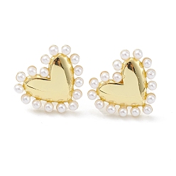 Real 18K Gold Plated Heart Rack Plating Brass Stud Earrings for Women, with Plastic Pearl Bead, Long-Lasting Plated, Lead Free & Cadmium Free, Real 18K Gold Plated, 14x15x2.5mm, Pin: 0.8mm