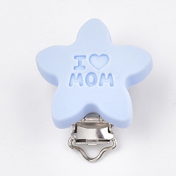 Light Blue Mother's Day Theme, Food Grade Eco-Friendly Silicone Baby Pacifier Holder Clips, with 304 Stainless Steel Clips, Star with Word I Love Mom, Stainless Steel Color, Light Blue, 46x39x19mm, Hole: 4x14mm