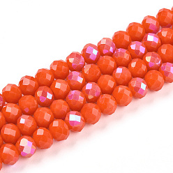 Coral Electroplate Opaque Solid Color Glass Beads Strands, Half Rainbow Plated, Faceted, Rondelle, Coral, 6x5mm, Hole: 1mm, about 84~85pcs/strand, 41.5~42cm