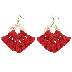 Red Bohemian Style Cotton Tassel Fan-shaped Earrings for Beach Vacation