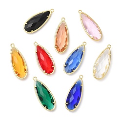 Mixed Color Transparent Resin Pendants, Faceted Teardrop Charms with Rack Plating Real 18K Gold Plated Brass Findings, Cadmium Free & Lead Free, Long-Lasting Plated, Mixed Color, 36.5x14x7.5mm, Hole: 1.8mm