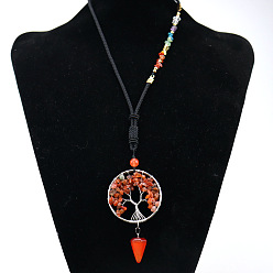 Carnelian Chakra Themed Natural Carnelian Chips Beaded Tree of Life Pendant Necklaces, Platinum Brass Wire Wrap Necklace with Mixed Stone Chips, 25.98 inch(66cm)
