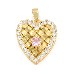 Pink Brass Micro Pave Cubic Zirconia Pendants, Heart Charms, Golden, Pink, 20x17x4mm, Hole: 5x2mm