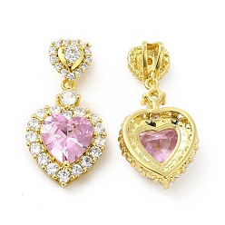 Бледно-Розовый Латуни циркония кубической подвески, подвеска в форме сердца, золотые, розовый жемчуг, 30 мм, Кулон : 23x16x8 мм, отверстие : 4x3.5 мм