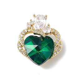 Green Real 18K Gold Plated Rack Plating Brass Micro Pave Clear Cubic Zirconia Pendants, with Glass, Long-Lasting Plated, Cadmium Free & Lead Free, Butterfly with Heart Charm, Green, 21x17.5x8mm, Hole: 3.5x2.5mm