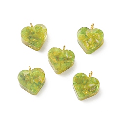 Желто-Зеленый Подвески из прозрачной смолы, окрашенные натуральным кальцитом, с золотыми тонами латунных петель, шарма сердца, желто-зеленый, 16.5x15.5x6~6.5 мм, отверстие : 2 мм