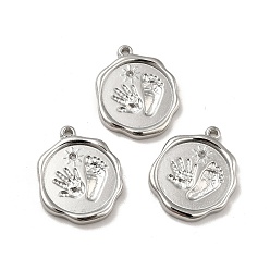 Stainless Steel Color 304 Stainless Steel Pendant Rhinestone Settings, Flat Round with Palm & Foot Print, Stainless Steel Color, Fit for 1mm Rhinestone, 20x16x2.5mm, Hole: 1.4mm